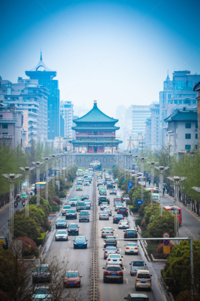 街道,西安,远古的,陕西省,垂直画幅,无人,陆用车,交通,户外,都市风景
