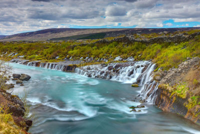 hraunfossar,全景,水,天空,美,草原,水平画幅,瀑布,无人,火山地形