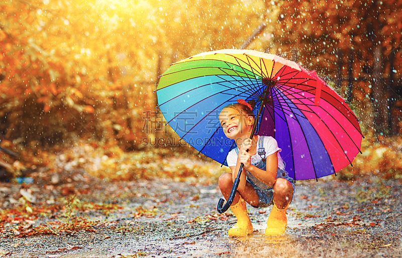 伞,儿童,乐趣,幸福,女孩,水坑,雨鞋,水,美,水平画幅