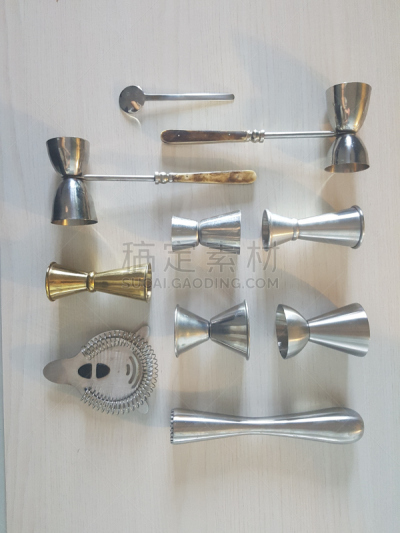设备用品,调酒师,平铺,水平画幅,过滤勺,无人,饮料,金属,白色,搅拌钵