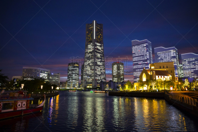 横滨高速铁路,横滨,夜晚,海港,水面,著名景点,横滨地标大厦,东京湾,河流,海湾
