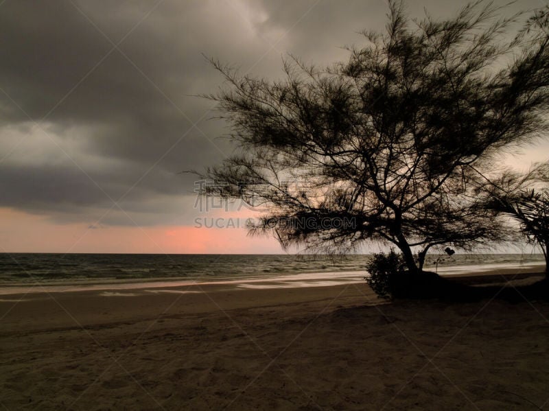 落日海滩,泰国湾,水,天空,美,暴风雨,水平画幅,沙子,夜晚,无人