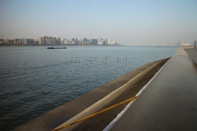 杭州,钱塘江,河堤,水,水平画幅,无人,户外,拖轮,城市,船