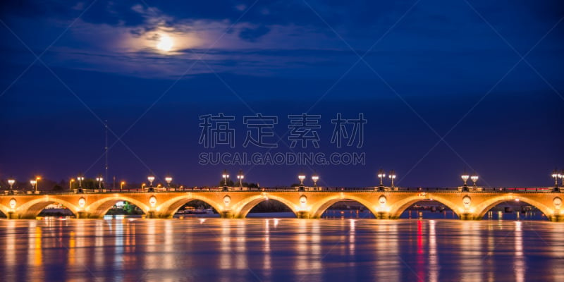 皮埃尔渡桥,波尔多,法国,室内过夜,吉伦特省,葡萄酒,纪念碑,水,水平画幅,夜晚