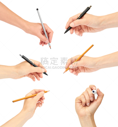 手,水笔,与众不同,白色背景,女性,铅笔,分离着色,垂直画幅,办公室,合成图像