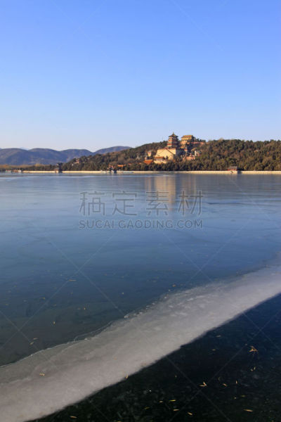 昆明湖,佛香阁,冻结的,阁楼,垂直画幅,户外,碾碎了的,特写,冬天,古典风格