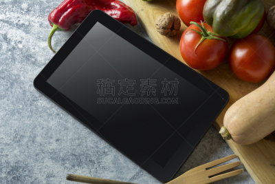 平板电脑,清新,蔬菜,灵感,胡萝卜,水平画幅,灯笼椒,椒类食物,配方,生食