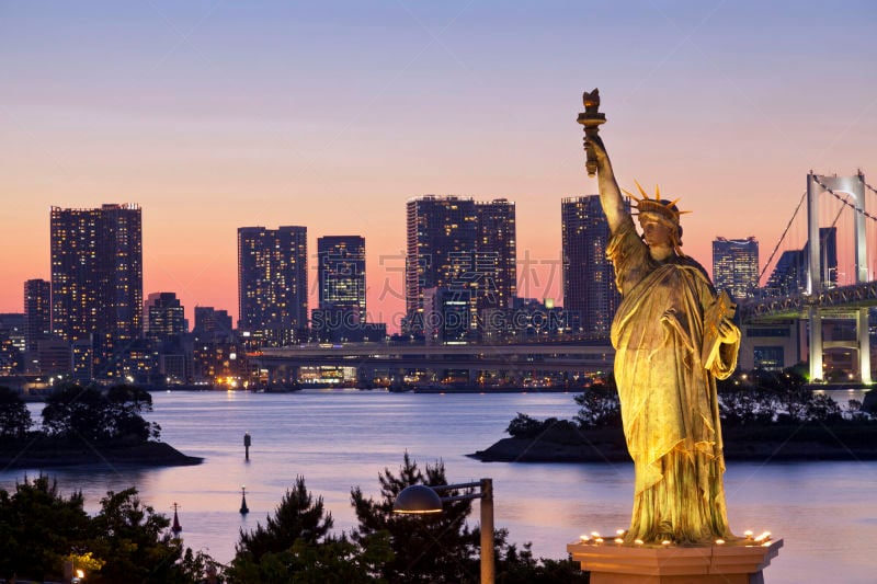 东京湾,夜晚,自由女神像,自由女神复制像,statue of liberty replic,台场,东京彩虹桥,病房,吊桥,水平画幅