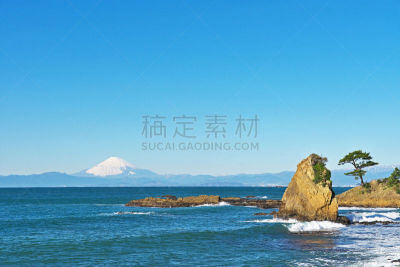 富士山,相模湾,神奈川县,旅游目的地,水平画幅,岩石,雪,无人,日本,户外