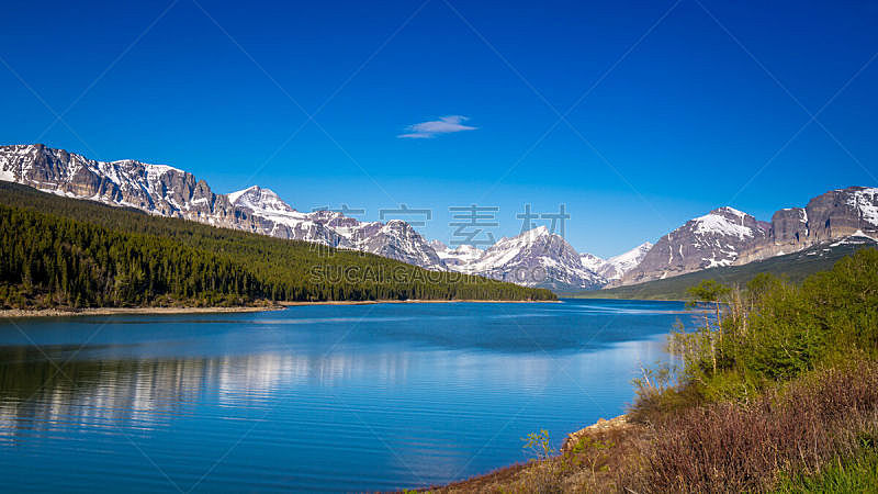 谢布恩湖,美国冰河国际公园,蒙大拿州,雪山,自然,宁静,美国,水平画幅,地形,雪