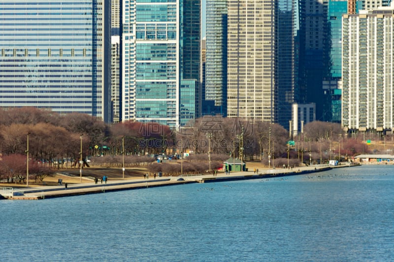 远距离,芝加哥市,小路,建筑外部,滨水,背景聚焦,城市生活,公园,现代,海岸线