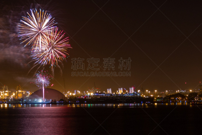 新年前夕,放焰火,玛丽皇后号,无人,玛丽王后号邮轮,长时间曝光,远洋班轮,图像,水平画幅,长滩