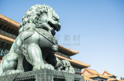 故宫,狮子,青铜,北京,狮王,天空,留白,水平画幅,无人,古老的
