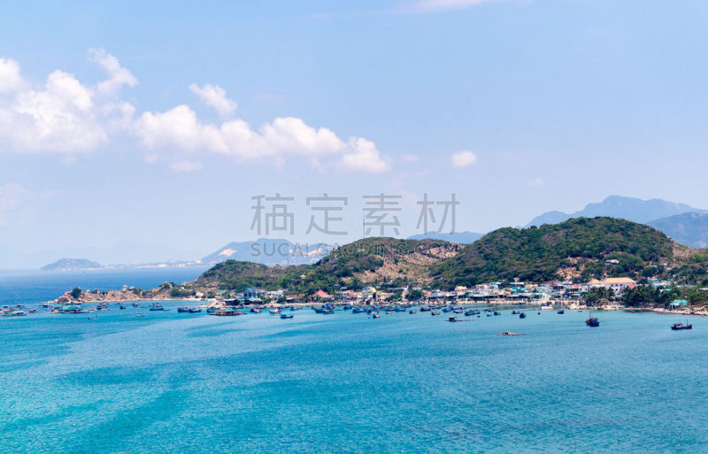 海洋,越南,天空,水平画幅,渔镇,户外,船,金融顾问,海岸线,山