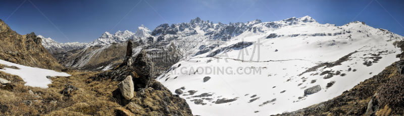 干城章嘉峰,天空,水平画幅,山,雪,无人,喜马拉雅山脉,户外,石头,高处
