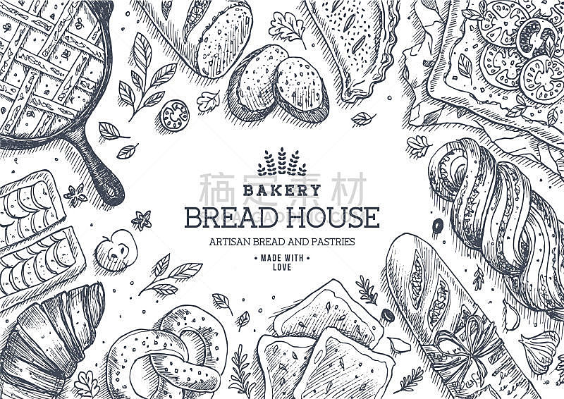 面包店,面包,背景,房屋,直的,插画,酥皮糕点,烤面包
