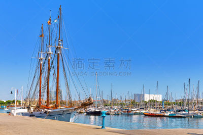 巴塞罗那,全景,水平画幅,高视角,山,海港,河堤,户外,滨水,码头周围