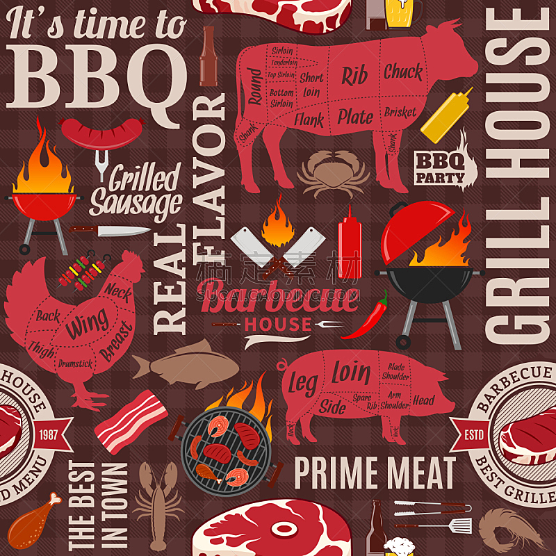 矢量,烤肉架,四方连续纹样,背景,菜单,酱汁,图表,猪,三文鱼,牛肉