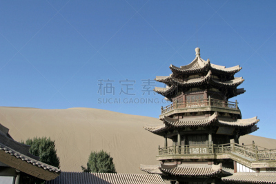 月牙泉,敦煌,寺庙,中国,丝绸之路,沙漠绿洲,水,水平画幅,沙子,无人