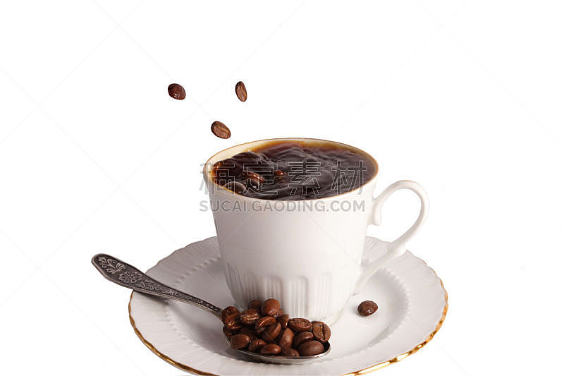 杯,豆,白色背景,黑咖啡,烤咖啡豆,褐色,水平画幅,无人,茶碟,浓咖啡