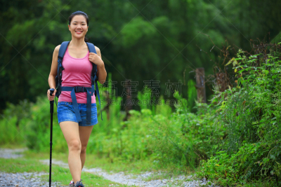女人,徒步旅行,兴平,阳朔,登山杖,正面视角,黑发,夏天,异国情调,图像