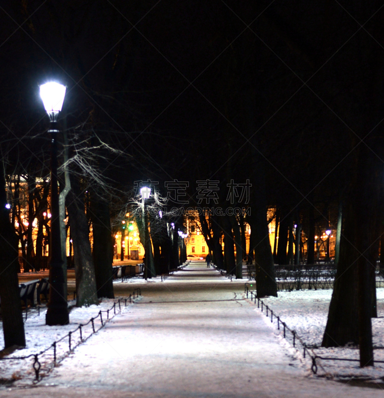 夜晚,巷,亚历山大花园,垂直画幅,长椅,灯笼,建筑,雪,无人,路