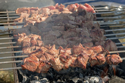 煤,清新,肉,火盆,羊肉串,小牛肉,格子烤肉,夏天,金属,烟