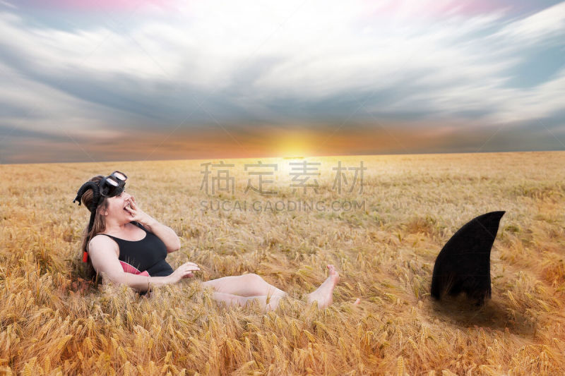 鲨鱼,女人,面对面,美,水平画幅,美人,平视角,超现实主义的,巨大的,野外动物