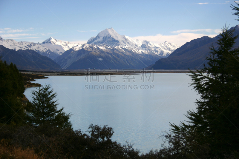 库克山,新西兰,河漫滩,自然,水平画幅,冰河,无人,户外,湖,山