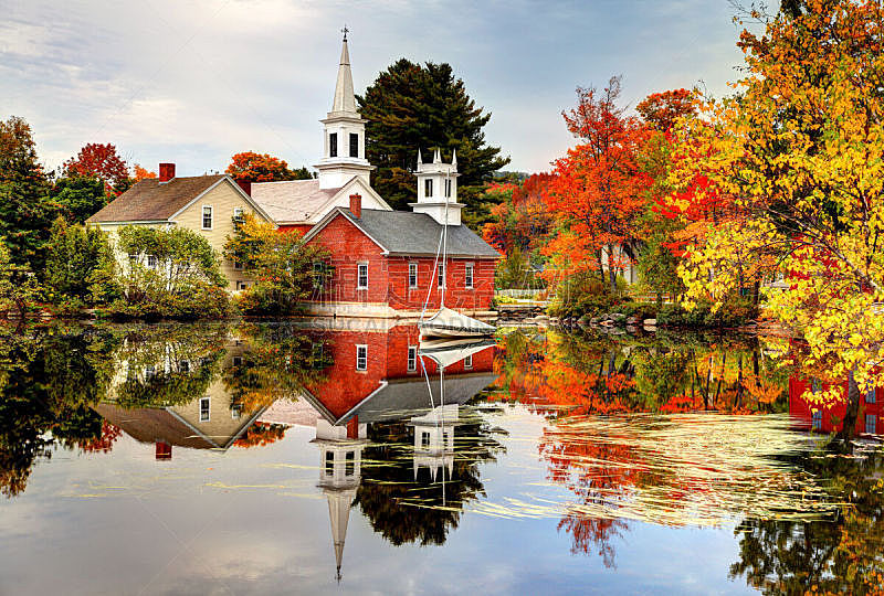 新英格兰,秋天,乡村,秋季系列,城镇,水平画幅,枝繁叶茂,无人,古典式