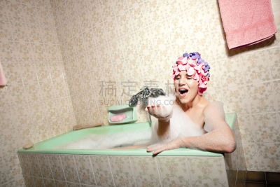 泡泡浴,女人,乐趣,后刷,游泳帽,复古风格,古典式,拿着,全身像,仅女人