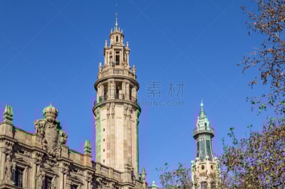 哥伦布大道,街道,巴塞罗那,河堤,中午,天空,外立面,水平画幅,古老的,古城