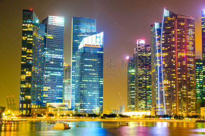 滨海湾 ,新加坡,都市风景,城市天际线,长时间曝光,天空,水平画幅,夜晚,无人,曙暮光