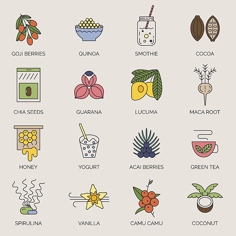 线条,符号,矢量,素食,可可树的果实,奇亚籽,健康保健,清新,药,营养品