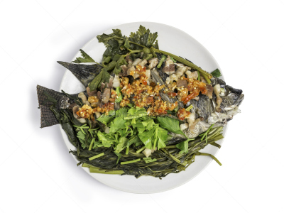 芹菜,牵牛花,酱汁,热,鱼类,泰国食品,白色背景,罗非鱼,背景分离,盘子