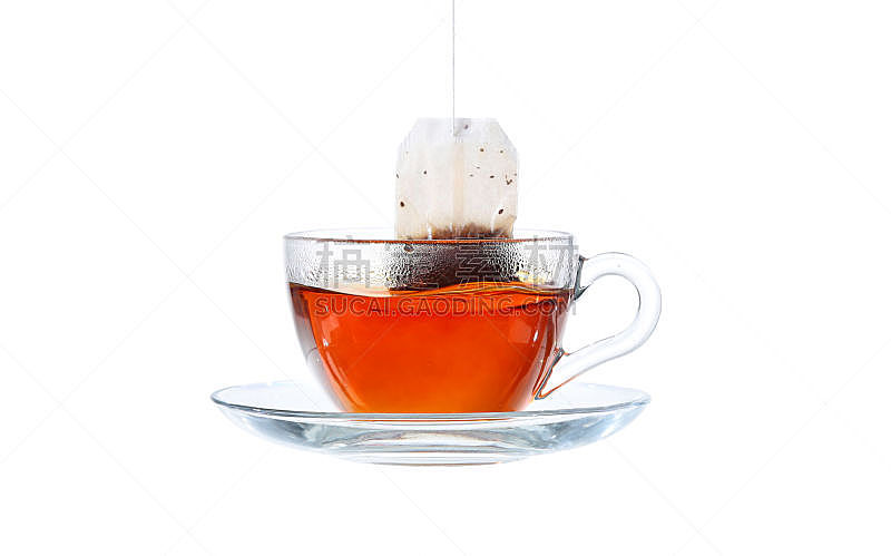茶树,玻璃杯,白色背景,分离着色,水平画幅,无人,早晨,标签,饮料,茶包