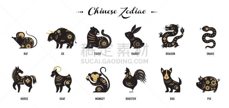 矢量,春节,绘画插图,符号,哑语,十二生肖,狗,猪,动物,中国
