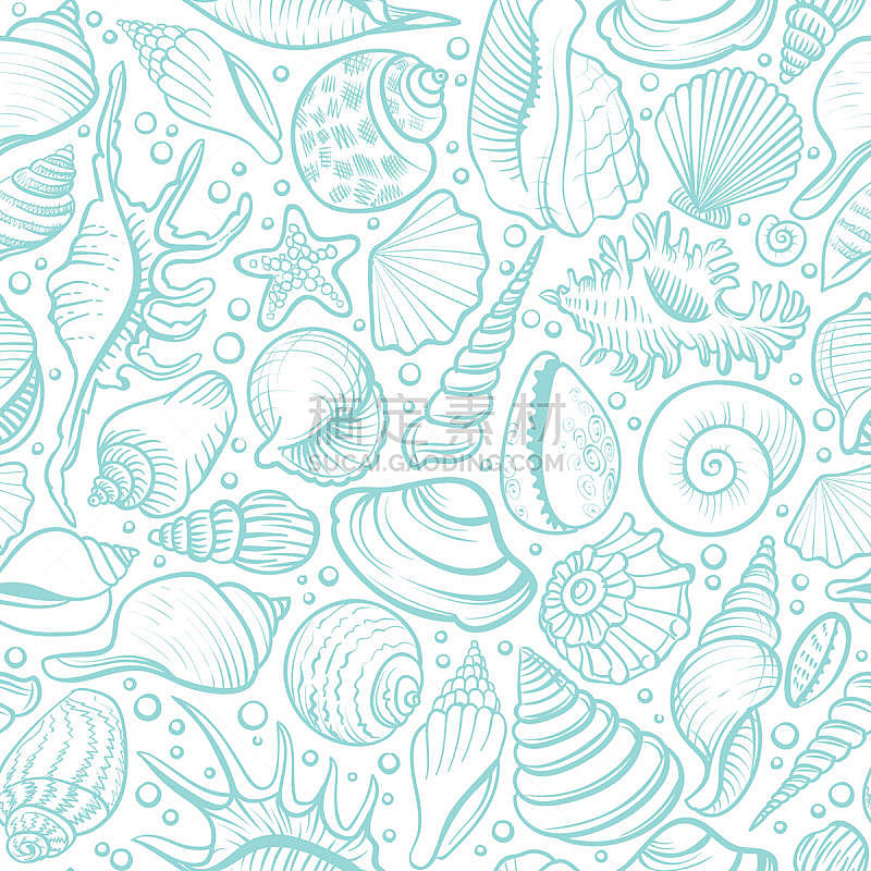 贝壳,四方连续纹样,矢量,蓝色,背景,线条,绘画插图,水,纺织品,蛤