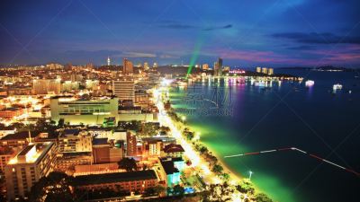 夜晚,城市,水,天空,水平画幅,无人,户外,泰国,都市风景,海滩