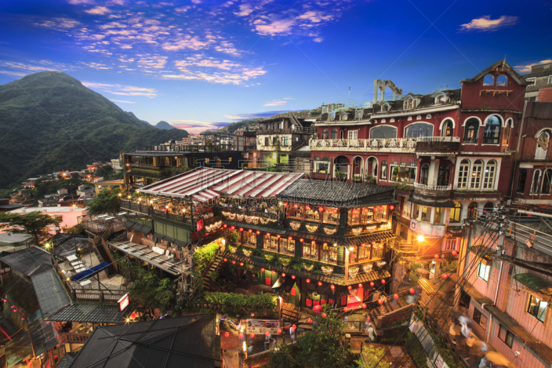 山,九份,茶馆,水平画幅,夜晚,无人,户外,都市风景,著名景点,咖啡馆