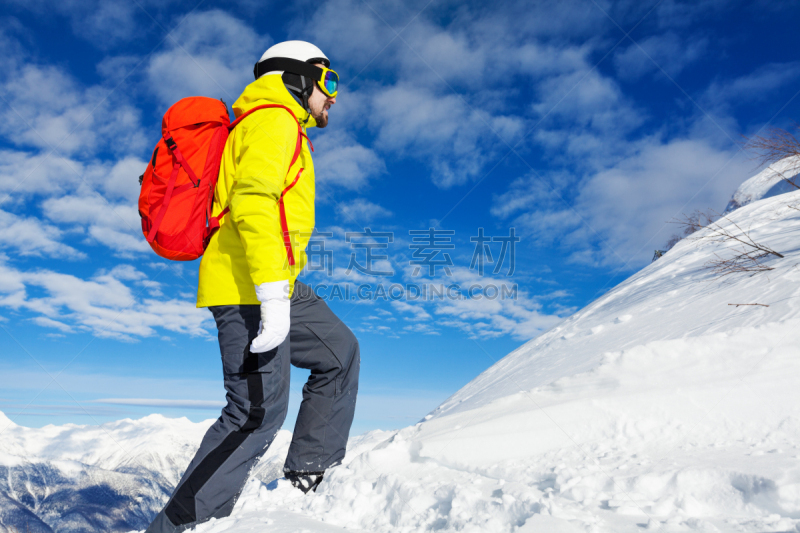 男人,山,徒步旅行,背包,在上面,高加索山脉,滑雪镜,滑雪坡,滑雪度假,天空