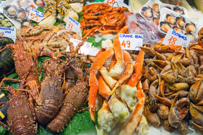 市场,甲壳动物,大螯虾,龙虾,饮食,灰色,水平画幅,橙色,银色,食品杂货