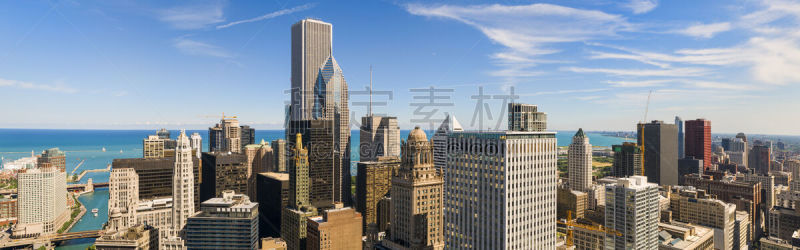 密歇根湖,全景,航拍视角,芝加哥市,可开闭吊桥,风景,市区,芝加哥格兰特公园,芝加哥河,户外