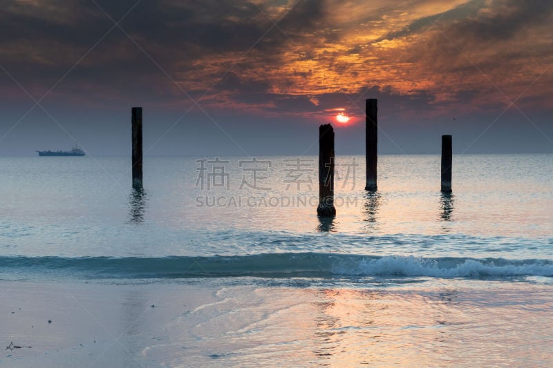 海景,闪亮的,商用码头,海港,曙暮光,云,图像,海洋,库吉海滩,西澳大利亚