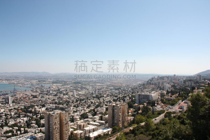 海法,地形,以色列,水平画幅,山,建筑,海港,蓝色,全景,湿