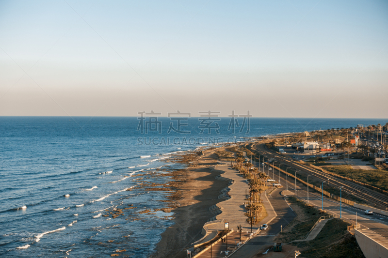 海法,海岸线,以色列,水,天空,留白,水平画幅,山,沙子,无人