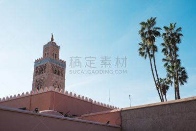 库多比亚清真寺,天空,水平画幅,摩洛哥,无人,蓝色,清真寺,棕榈树,摄影