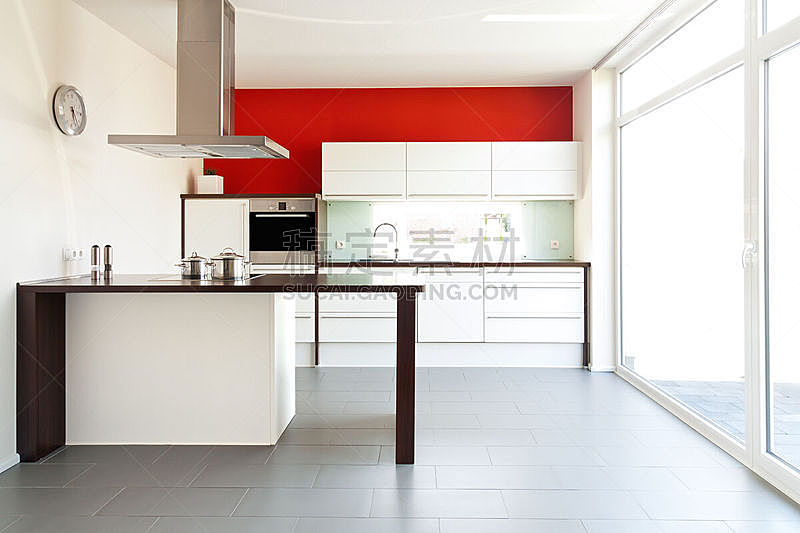 现代,厨房,水平画幅,干净,明亮,花岗岩,白色,用具,烤炉,地板