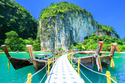 岛,礁湖海滩,长尾船,渡轮,奥南湾,甲米,自然,度假胜地,悬崖,水平画幅