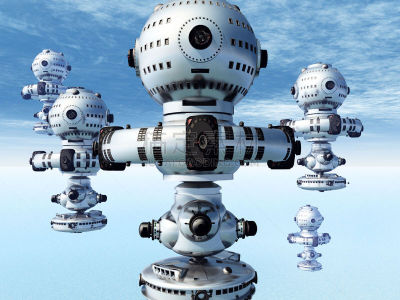 太空视角,空间站,不明飞行物,天空,未来,水平画幅,蓝色,绘画插图,太空船,太空旅行器